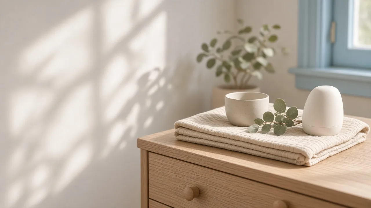 Soft nursery still life with a folded blanket and eucalyptus