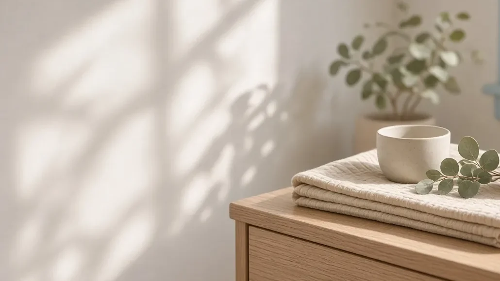 A calm nursery dresser with a folded blanket and eucalyptus